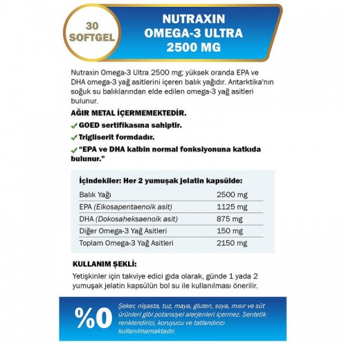Nutraxin Vitals Omega-3 Ultra 2500 mg - Takviye Edici Gıda 30 Softjel Kapsül